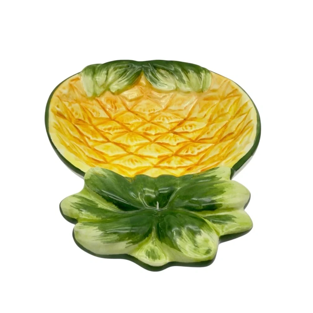 Italian Majolica Art Pottery Pineapple Bowl Dish Hand Painted Vintage MCM Italy